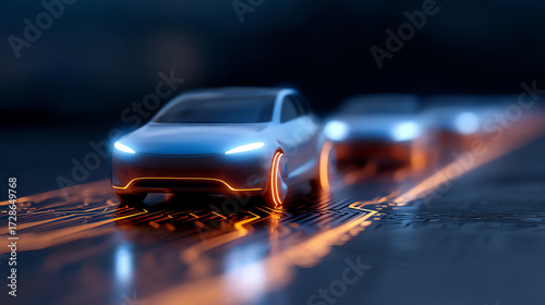 Futuristic white electric cars with glowing neon blue and orange lights travel on a digital circuit board road, symbolizing advanced technology and smart transportation innovation