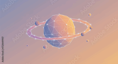 Vibrant low-poly planet with glowing rings and orbiting satellites, an abstract representation of futuristic technology, digital innovation, and interconnected cosmic networks