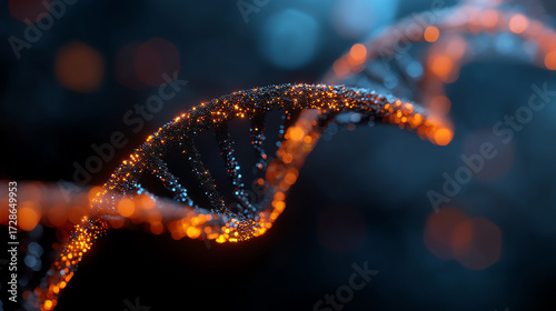 Close-up digital illustration of a glowing DNA double helix strand with bright orange and blue particles against a dark, blurred background