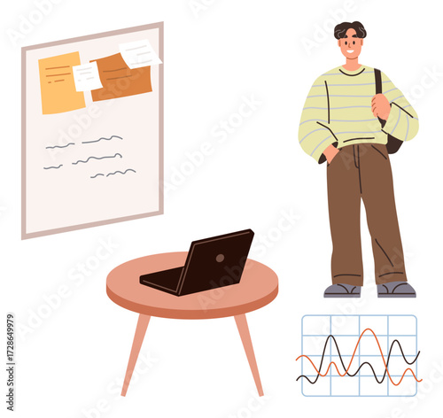 Young man with bag near laptop on wooden table, notes on bulletin board, and data graphs. Ideal for education, organization, teamwork, planning, analysis creativity and innovation concepts. Simple