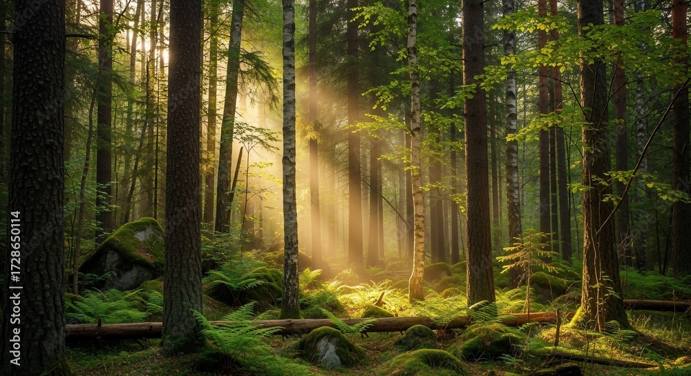 Fototapeta premium Sunlight streams through a lush forest canopy, illuminating the mossy forest floor.