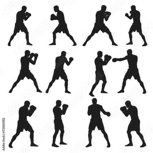 Twelve silhouettes of a boxer in various stances, including defensive poses and throwing a punch.