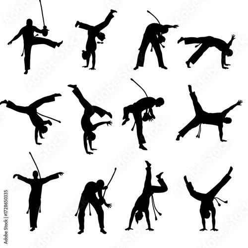 Silhouetted figures performing capoeira moves, showcasing various acrobatic and martial arts poses.