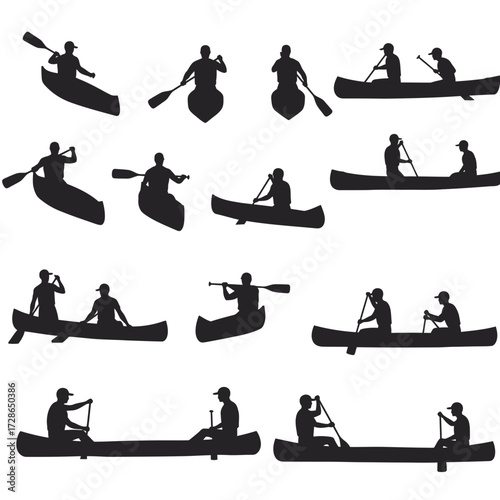 Silhouettes of people canoeing and kayaking, paddling in various positions, some alone, some in pairs.