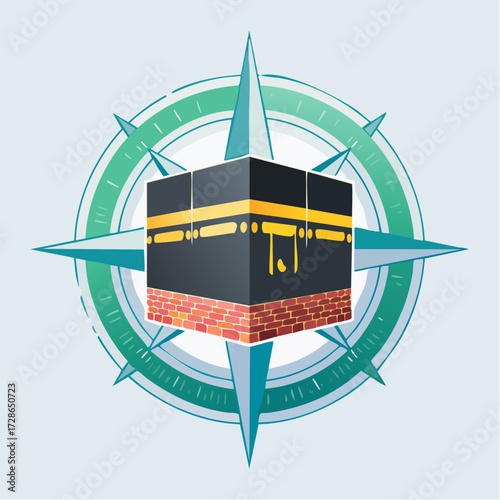 Illustration of Kaaba at Mecca surrounded by a compass symbolizing Islamic pilgrimage and navigation