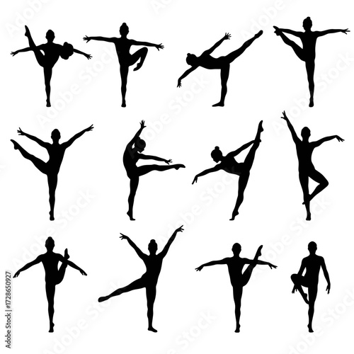 Silhouetted figures demonstrating various graceful ballet poses and elegant movements.