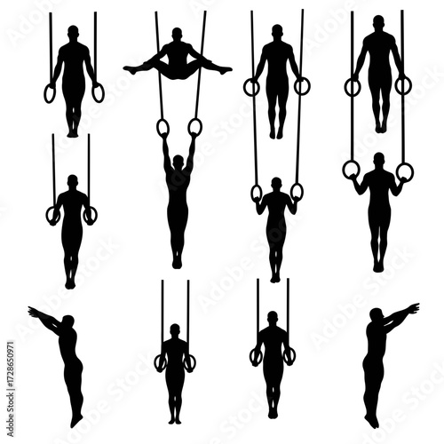Silhouetted figures demonstrating various gymnastic ring exercises, showcasing strength and flexibility.