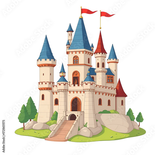 Cartoon castle vector fairytale medieval tower of fantasy palace building in kingdom fairyland illustration set of historical fairy-tale house bastion constructor isolated on white background