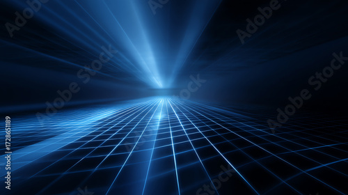 Futuristic digital grid with glowing blue lines and light beams converging towards a bright vanishing point, evoking a sense of technology and virtual space