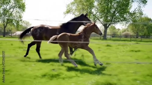 A brown mare and a young foal galloping across a vibrant green pasture on a sunny day. horse breeding