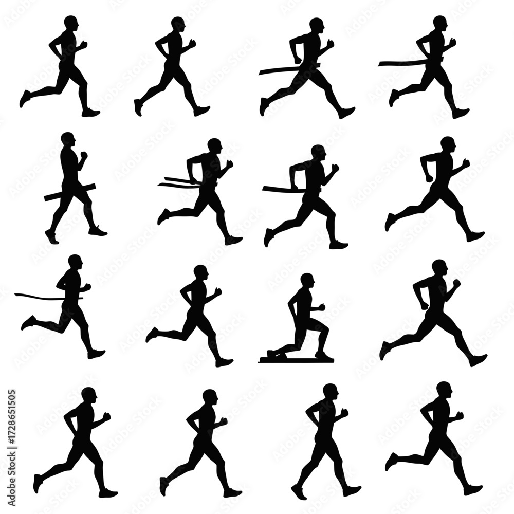 Naklejka premium Silhouetted figures depicting various stages of a runner's motion, including crossing a finish line.