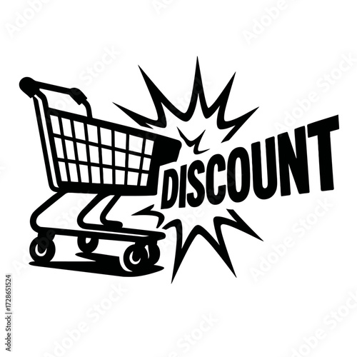 Bold Vector Illustration of a Shopping Cart with a DISCOUNT Explosion, a Conceptual Design for Retail Sales and Special Promotions
