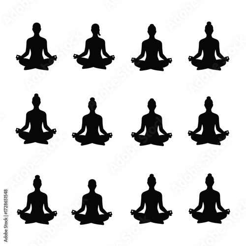 Multiple silhouettes of people in lotus position, meditating. Figures are arranged in a grid pattern.