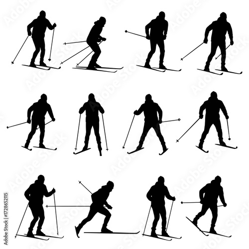 A collection of silhouette figures cross-country skiing in various poses, using poles for propulsion.