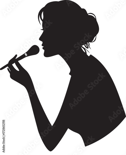 Black silhouette of woman with microphone and makeup brush singing
