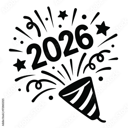 Exploding New Year 2026 Party Popper - Dynamic Celebration Vector with Confetti and Stars