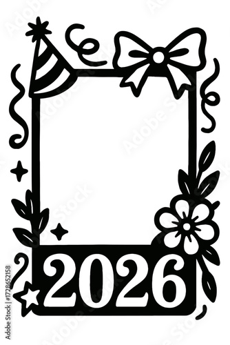 Festive New Year 2026 Photo Frame - Decorative Vector with Party Hat and Floral Accents
