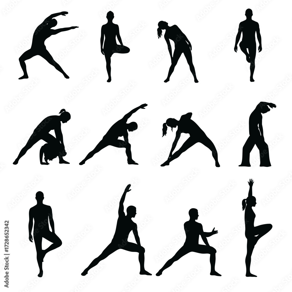Obraz premium Twelve silhouettes of people performing various yoga poses and stretching exercises.