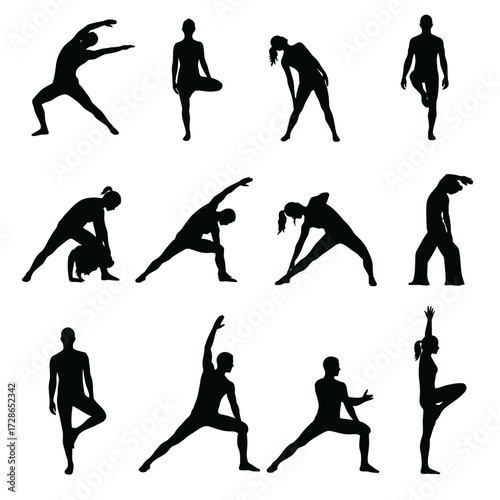 Twelve silhouettes of people performing various yoga poses and stretching exercises.