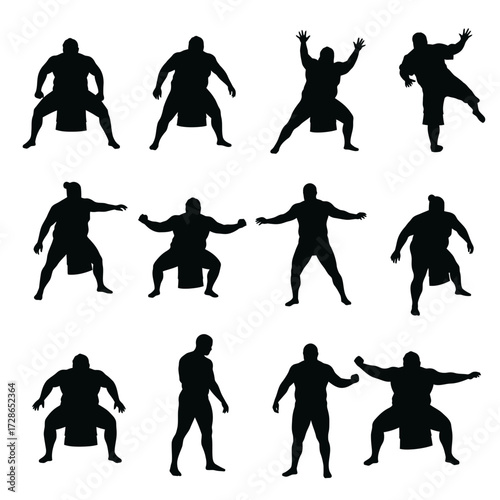 Silhouettes of sumo wrestlers in various stances and poses, including squatting, lunging, and raising arms.