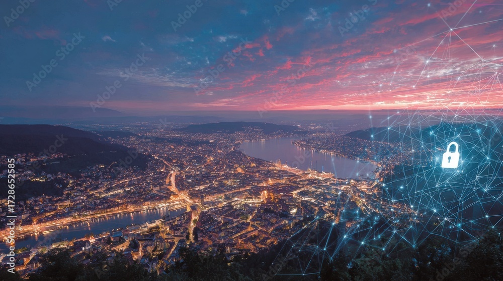 Obraz premium Cityscape at Dusk with Digital Network and Security Icon