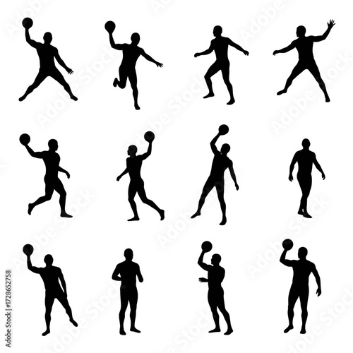 Silhouette collection of human figures showcasing various athletic poses with a ball.