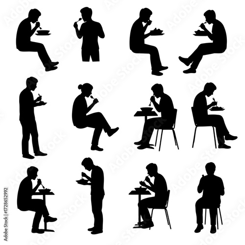 Black silhouettes of people eating, some sitting, some standing, all facing different directions.
