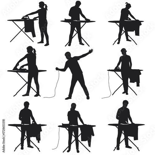 Silhouetted figures performing various actions involving ironing clothes on ironing boards.
