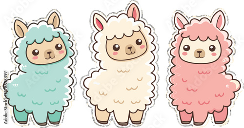 Three Adorable Cartoon Alpacas Stand Side By Side In Mint Cream And Pink
