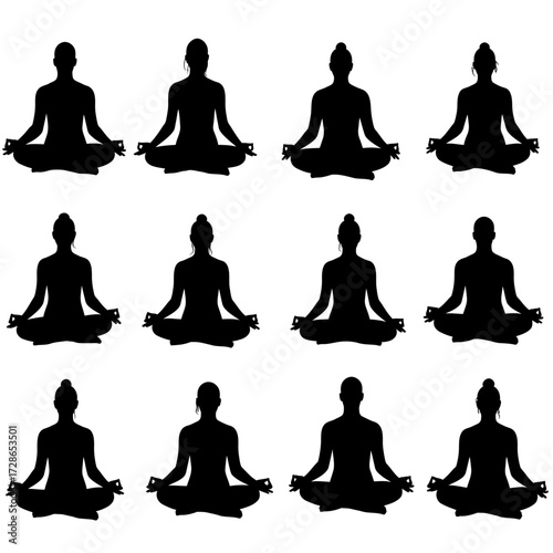 Silhouette depictions of multiple people in a seated meditative yoga pose.