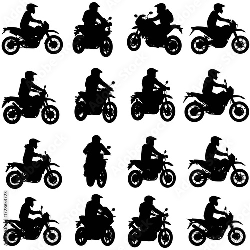 Silhouetted riders on various motorcycles, showcasing different angles and poses against a white background.