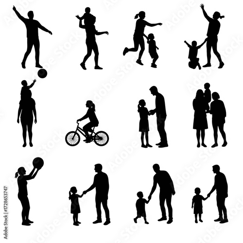 Silhouette collection depicting various family activities, including playing, cycling, and walking together.