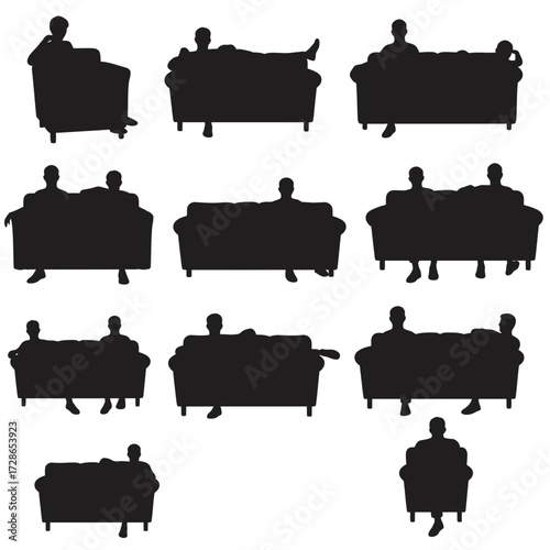 Silhouette illustrations of people sitting and lounging on couches and armchairs in various relaxed poses.