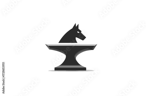 A stylized illustration features a black silhouette of a horse head rising from a stylized anvil