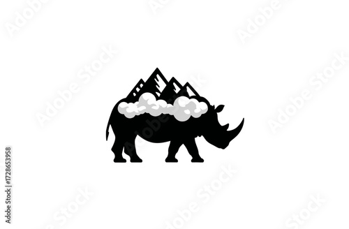 Black silhouette of a rhino, with mountain peaks and clouds inside the rhino shape