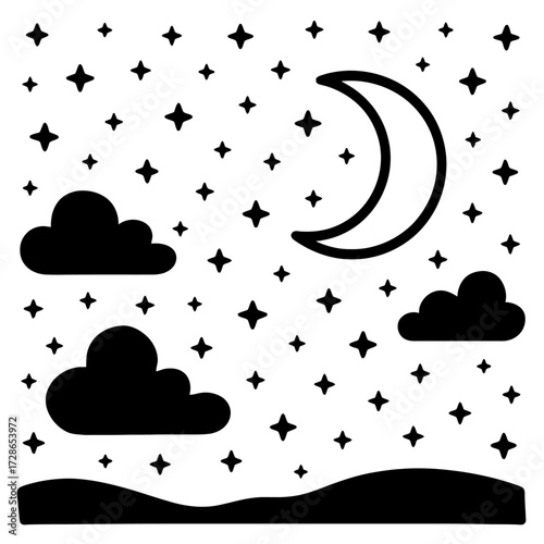 Peaceful Night Sky Vector - Minimalist Illustration with Stars, Moon, and Clouds
