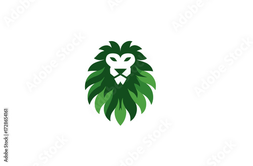 A green, stylized lion's head with a mane of leaves. Bold lines and a white face