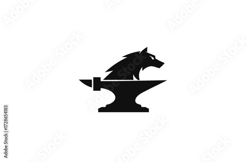 Black silhouette of a wolf head emerging from an anvil, strong and bold