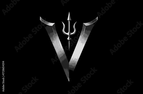A monochrome emblem featuring a 'V' shape with a trident element at the center. Shading creates depth