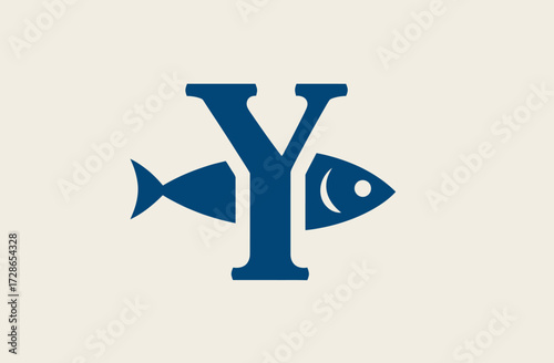 Stylized, blue "Y" intertwined with two fish, flat illustration on beige backdrop