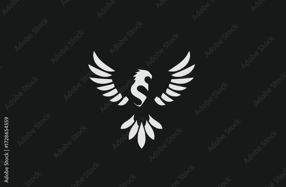 Fototapeta premium White stylized bird with spread wings emblem on a solid dark gray background