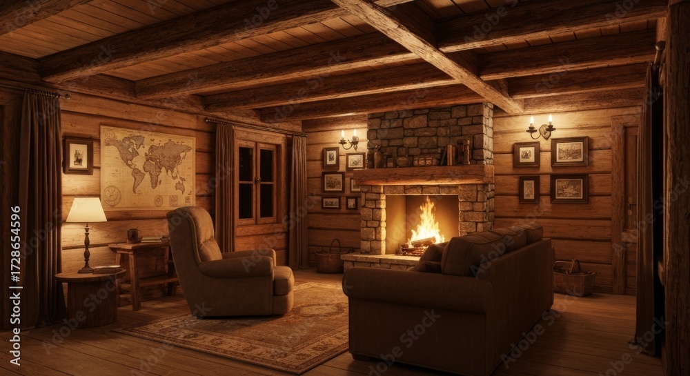 Naklejka premium Cozy Rustic Cabin Interior with Stone Fireplace and Warm Ambiance