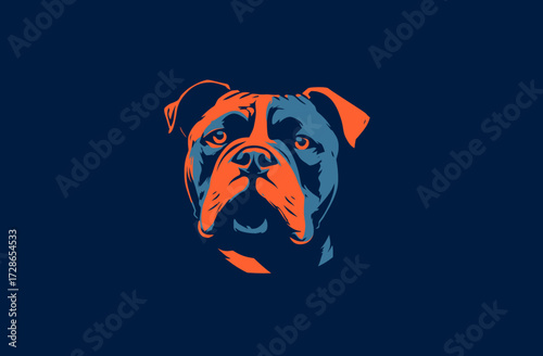 A graphic image of a dog's head, rendered in orange and blue on a dark blue background