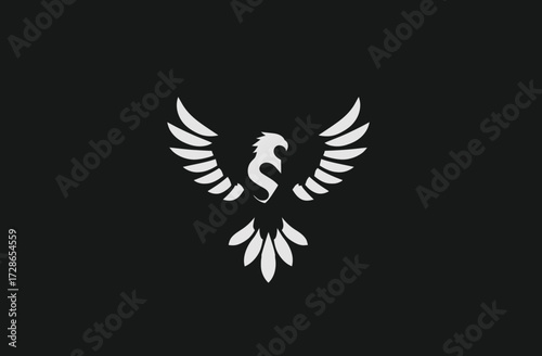 White stylized bird with spread wings emblem on a solid dark gray background