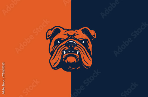 A graphic features a bulldog head in orange and navy, bisected by a vertical line of contrasting hues