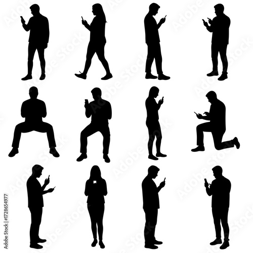 Silhouette collection of people using mobile phones in various standing, sitting, and kneeling poses.