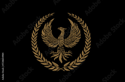 A gold phoenix inside a laurel wreath on a black background. Emblem represents renewal and power