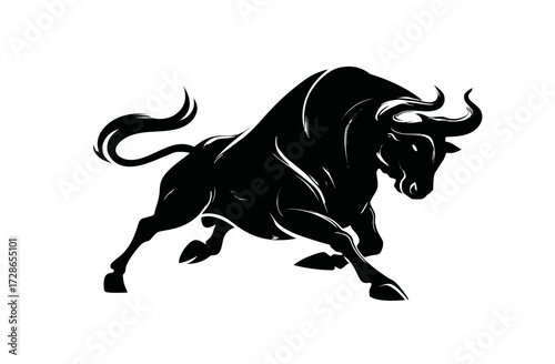 Silhouette of a powerful, charging bull, rendered in black, with bold lines against a white background
