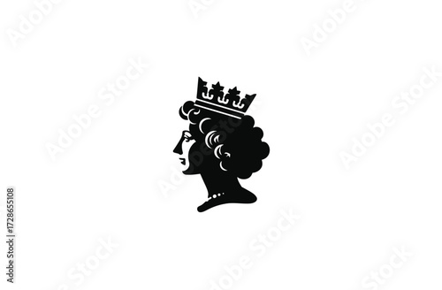 Silhouette of a crowned profile facing left. A black design on a white background, with curly hair