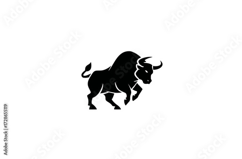 A solid black bull silhouette, charging forward. The image is clean, with a white background